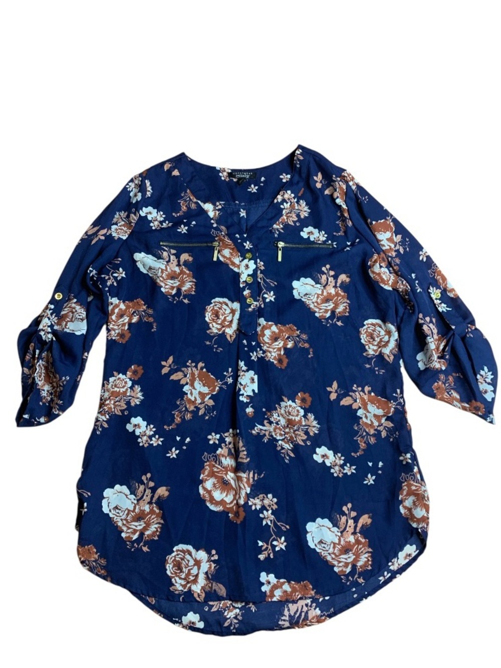 Streetwear Society Floral V-Neck Roll-Tab Sleeve Blouse Size Large